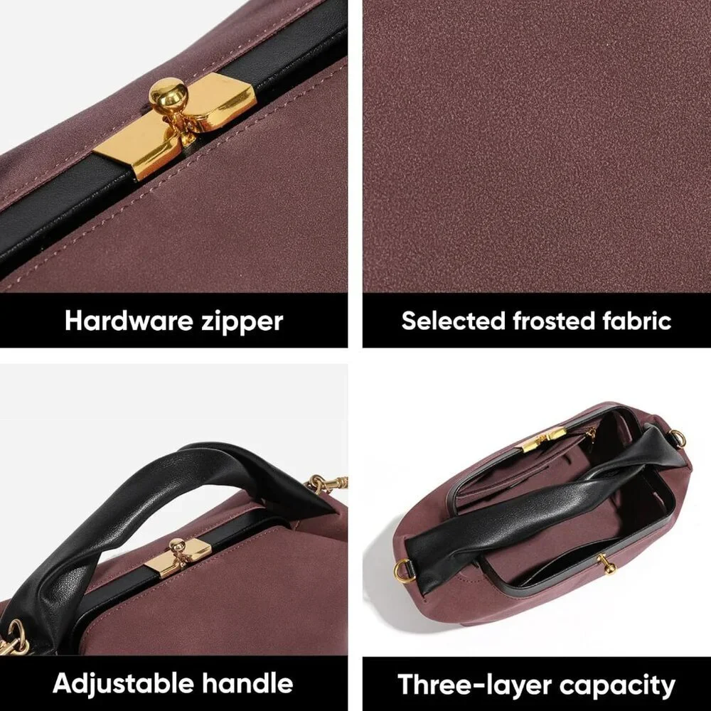 Women's Chocolate Faux Suede Vintage Slouchy Soft Satchel Kiss Lock Hobo Handbag